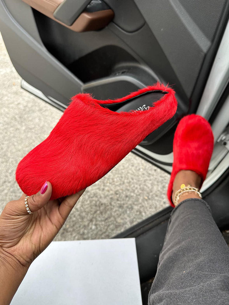 Fur Slip-On Flat Slides - Elara Row