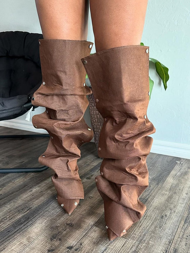 Leather Press Stud Knee-High Boots - Elara Row