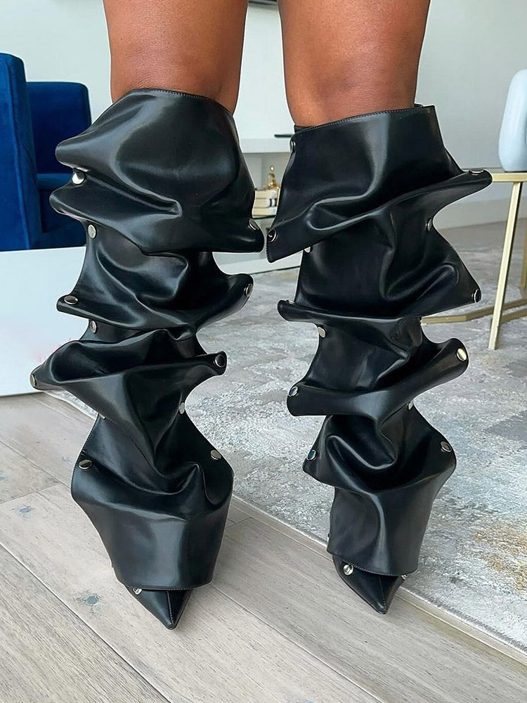 Leather Press Stud Knee-High Boots - Elara Row
