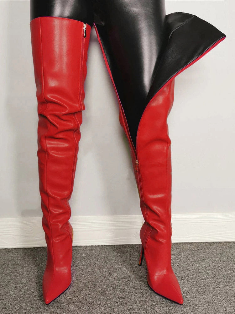 Full Zip Over The Knee Leather Boots - Elara Row