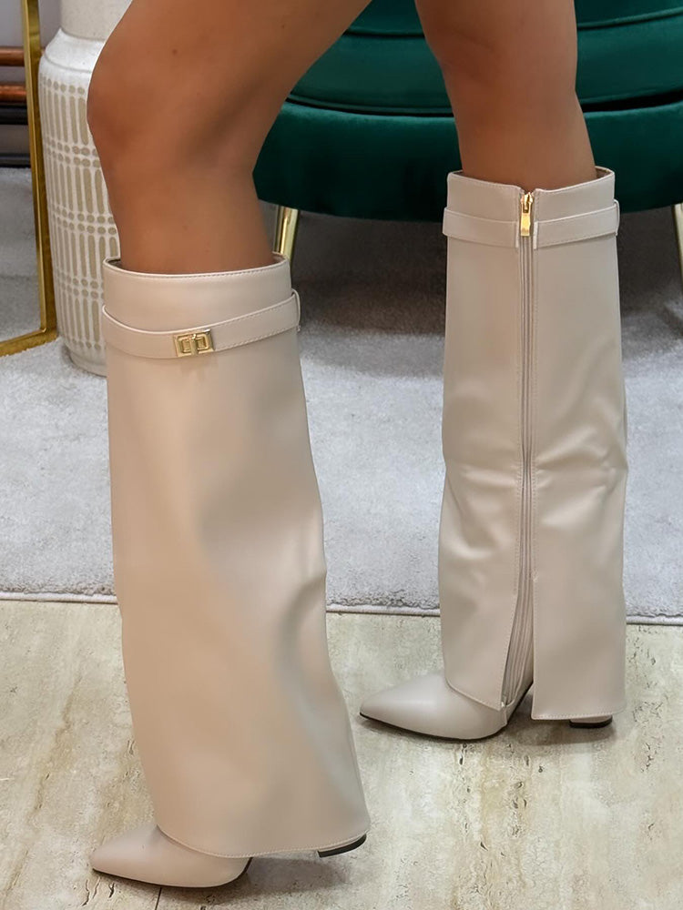 Fold Chunky Heel Knee High Boots - Elara Row
