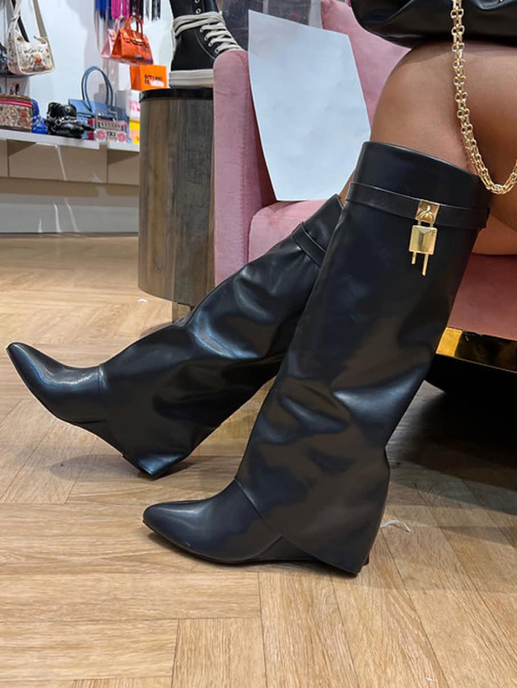 Lock & Key Leather Wedge Heel Boots - Elara Row