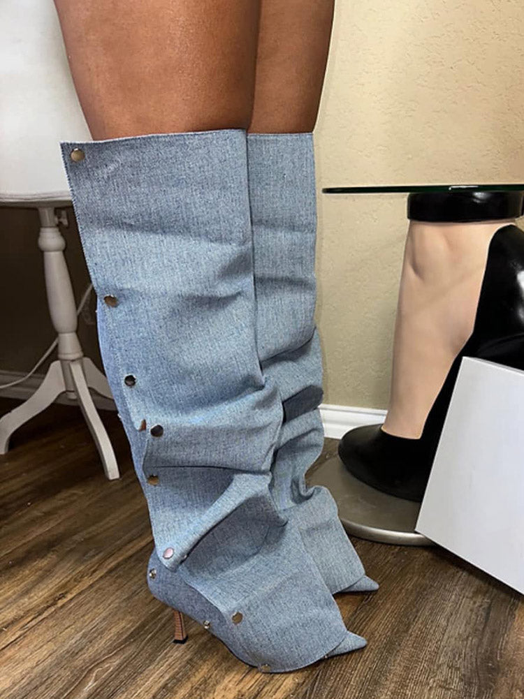 Leather Press Stud Knee-High Boots - Elara Row