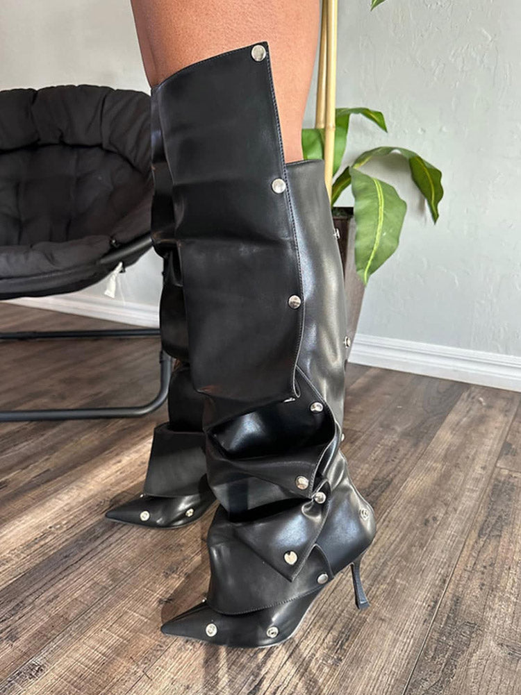 Leather Press Stud Knee-High Boots - Elara Row