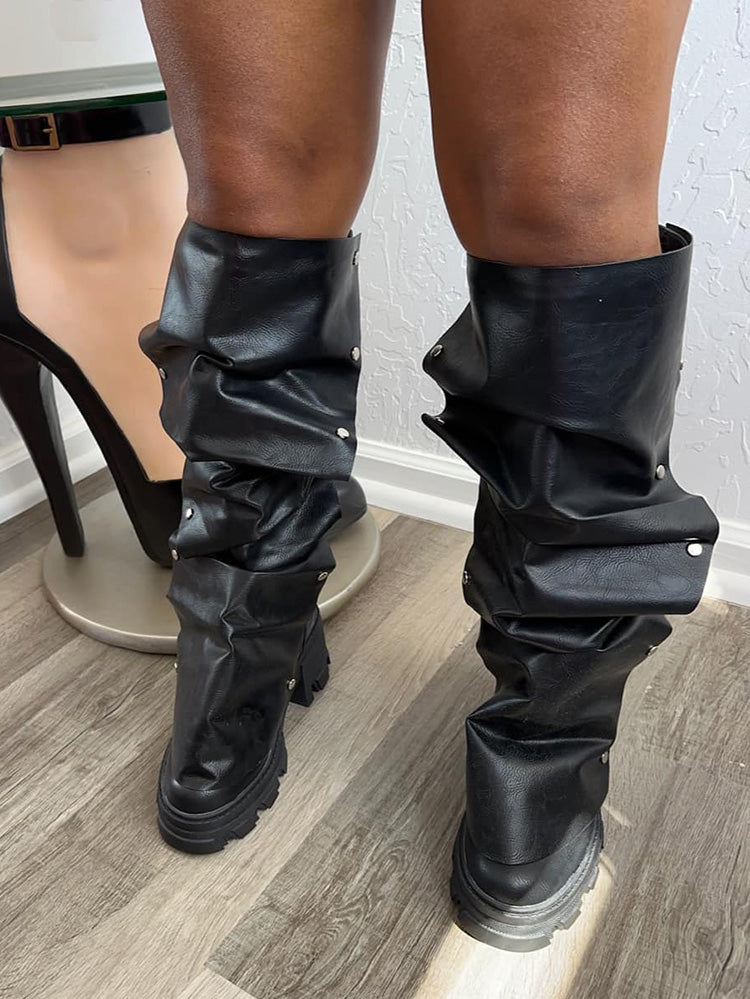 Leather Press Stud Round Toe Boots - Elara Row