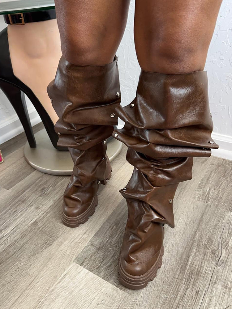Leather Press Stud Round Toe Boots - Elara Row