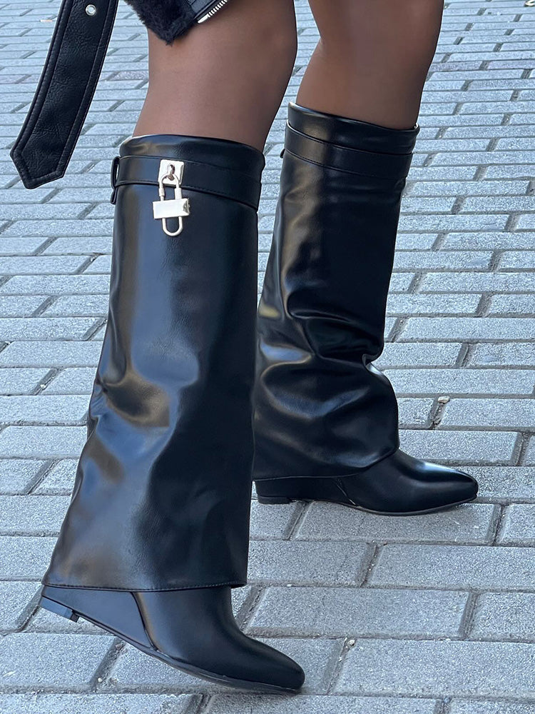 Lock & Key Leather Wedge Heel Boots - Elara Row