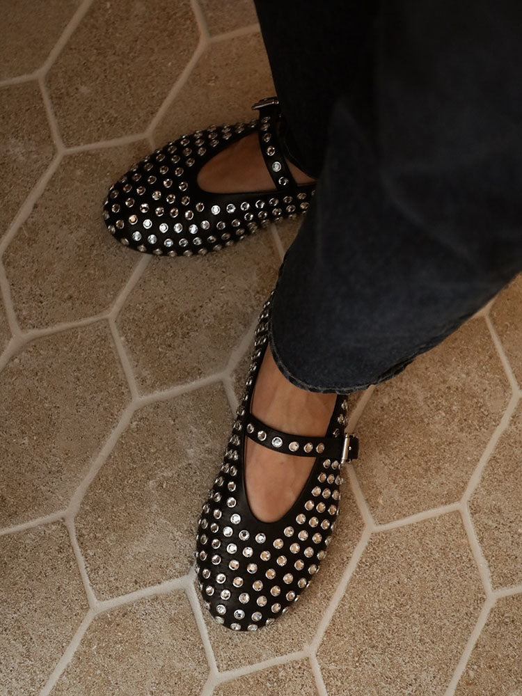 Rhinestone Leather Ballet Flats