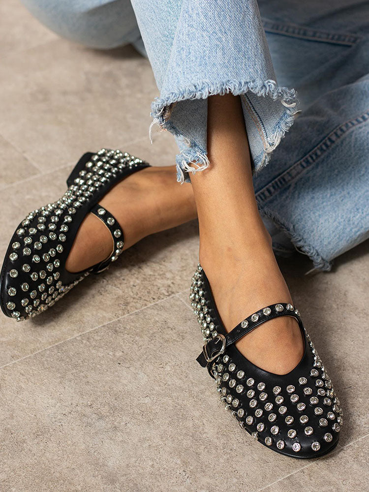 Rhinestone Leather Ballet Flats