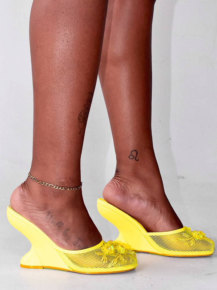 Floral Embroidered Mesh Wedge