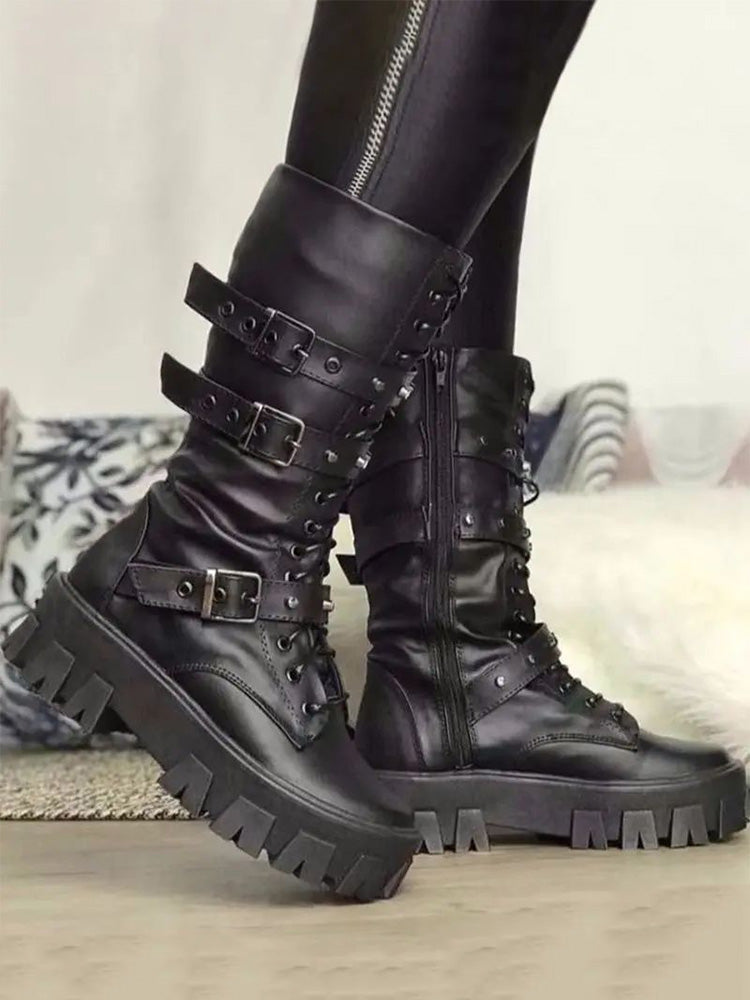 Eyelet Buckled Zipper Platform Boots - Elara Row