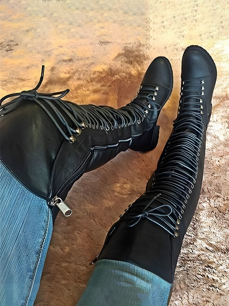 Lace Up Leather Over The Knee Boots - Elara Row