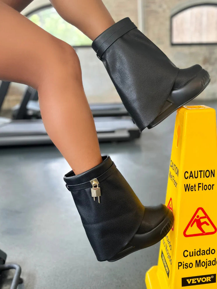 Lock & Key Leather Wedge Boots