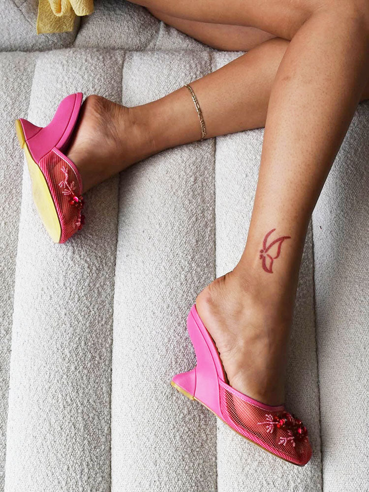 Floral Embroidered Mesh Wedge