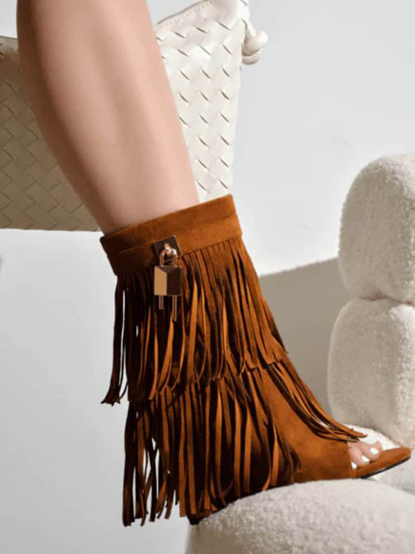 Fringe Open Toe Suede Boots - Elara Row