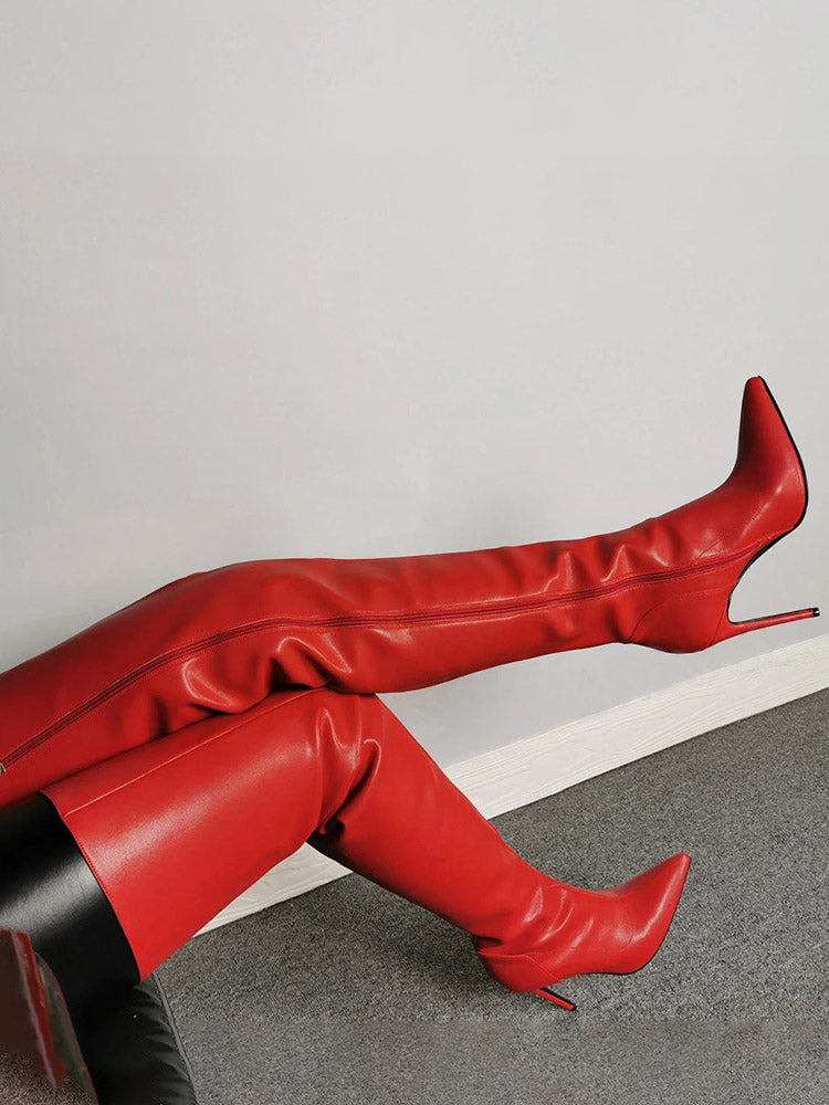 Full Zip Over The Knee Leather Boots - Elara Row