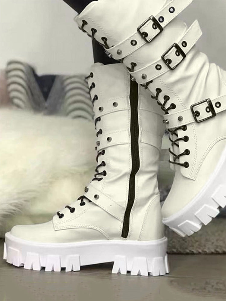 Eyelet Buckled Zipper Platform Boots - Elara Row