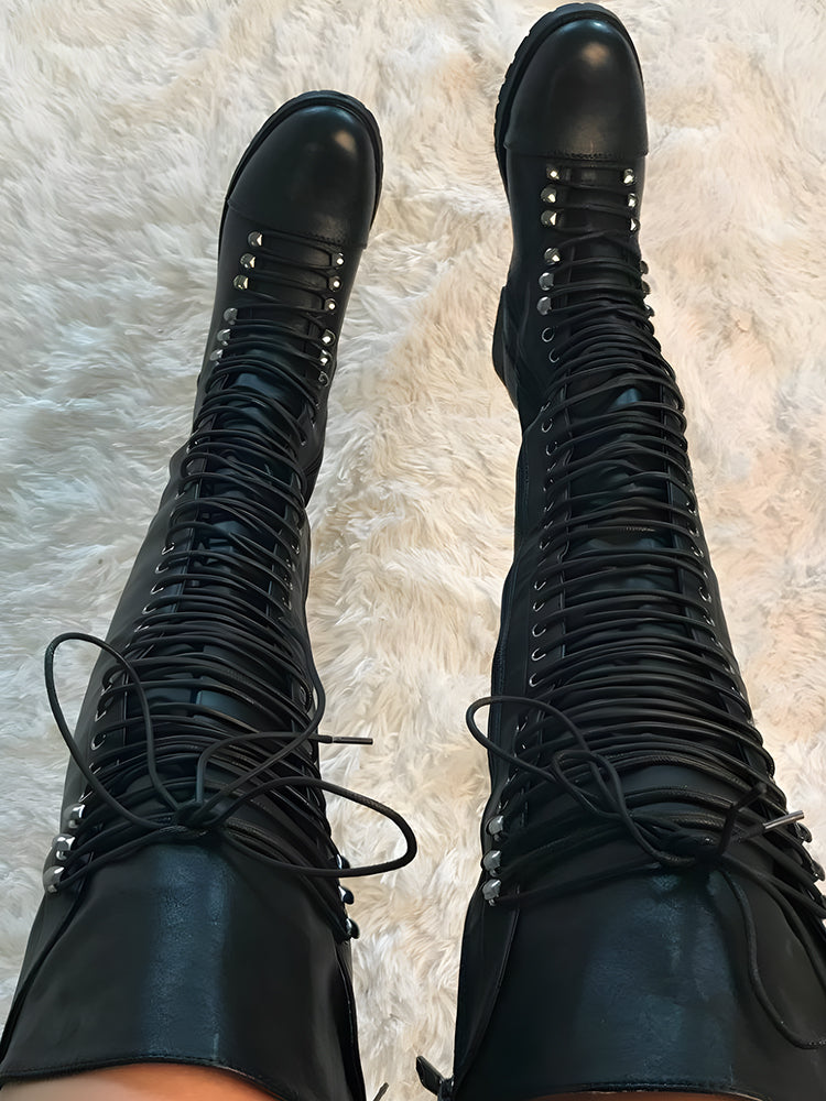 Lace Up Leather Over The Knee Boots - Elara Row