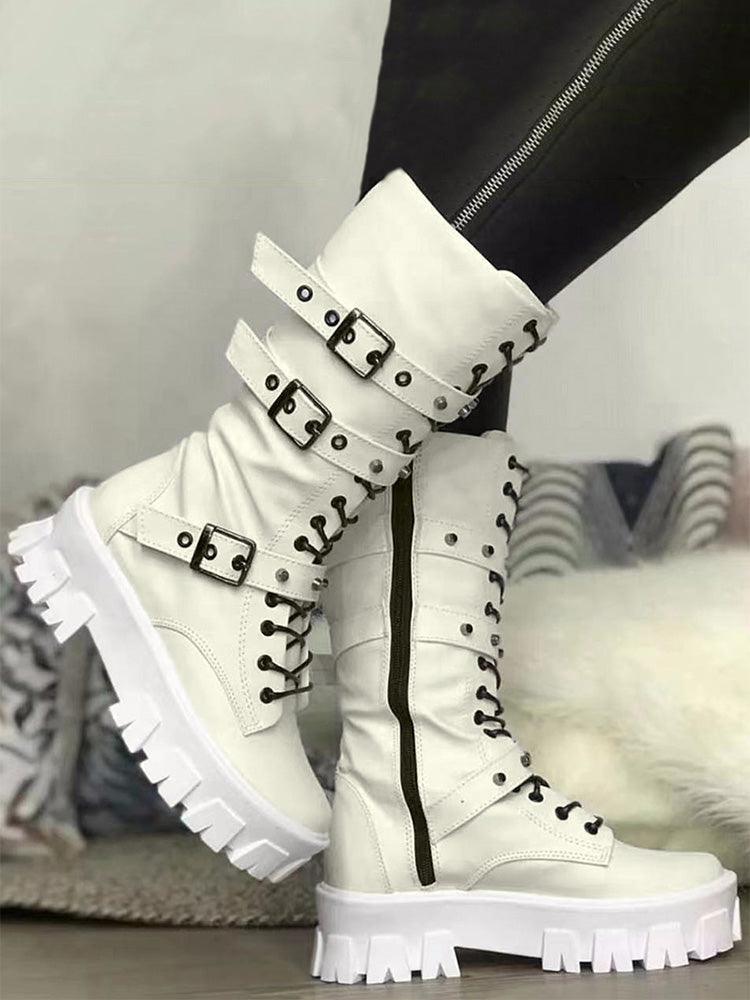 Eyelet Buckled Zipper Platform Boots - Elara Row
