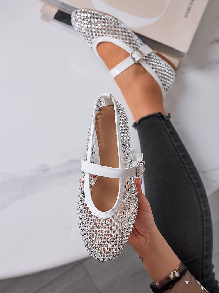 Rhinestone Leather Ballet Flats