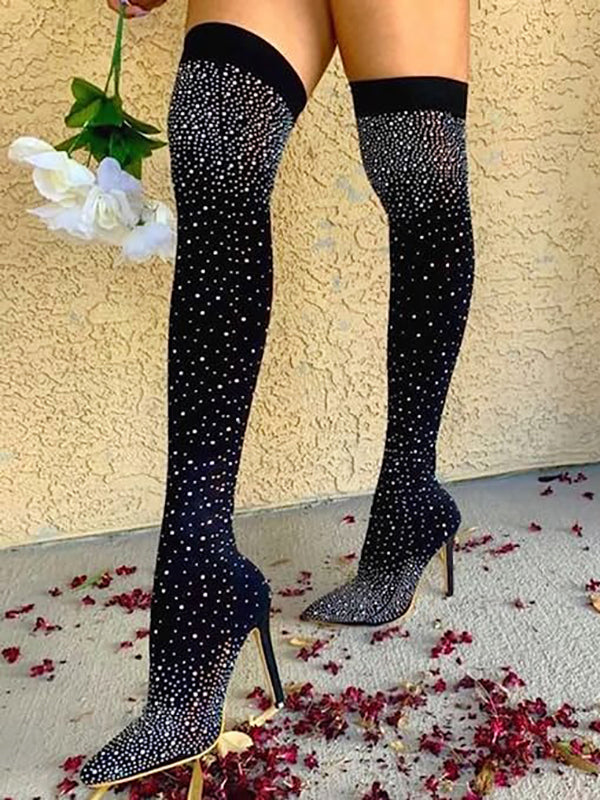 Rhinestone Decor Thigh High Boots - Elara Row