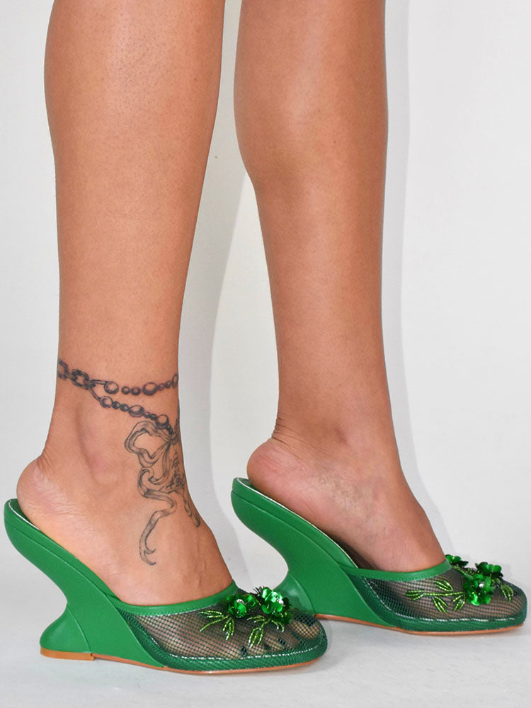 Floral Embroidered Mesh Wedge