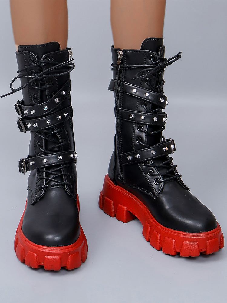 Eyelet Buckled Zipper Platform Boots - Elara Row