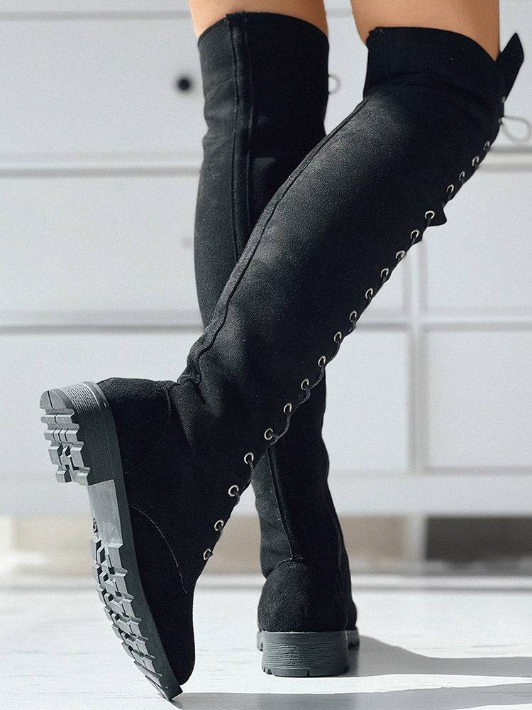 Lace Up Flat Suede Boots - Elara Row