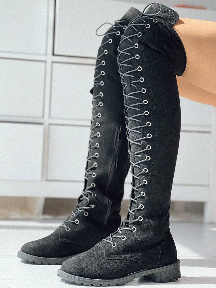 Lace Up Flat Suede Boots - Elara Row