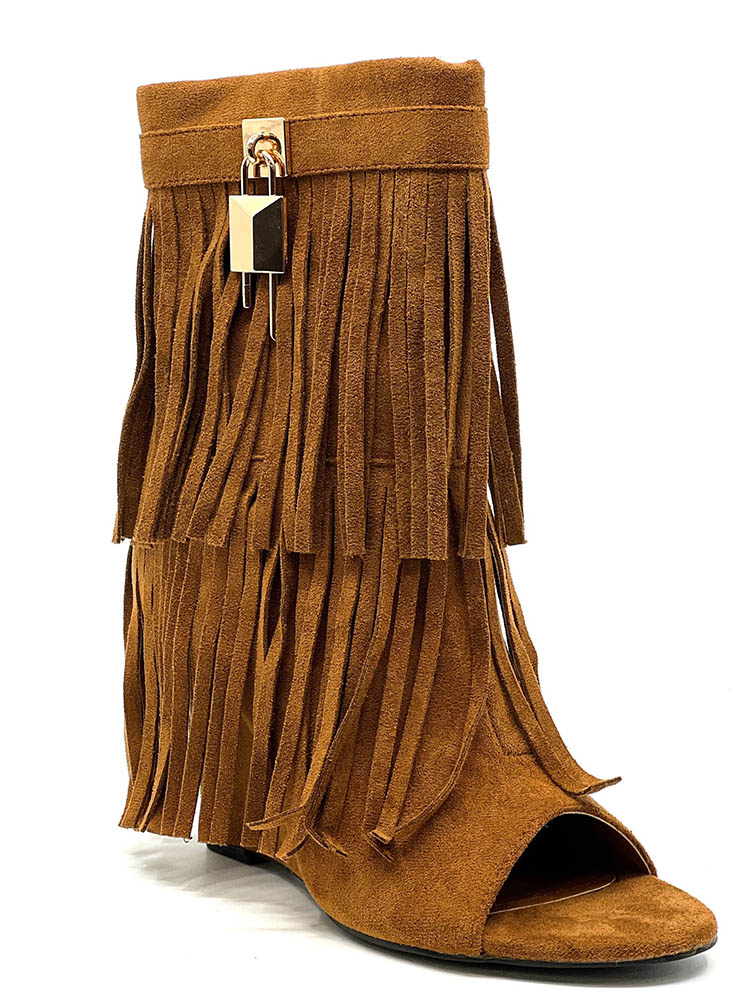 Fringe Open Toe Suede Boots - Elara Row