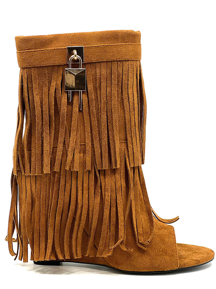 Fringe Open Toe Suede Boots - Elara Row