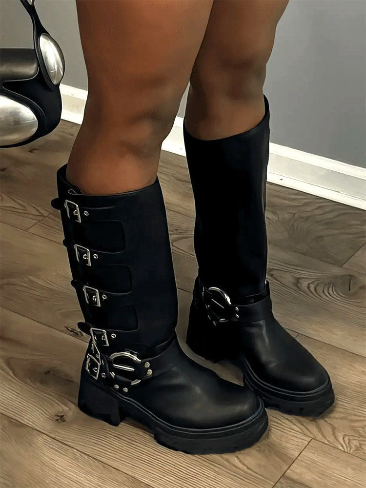 Buckle Leather Chunky Heel Boots - Elara Row