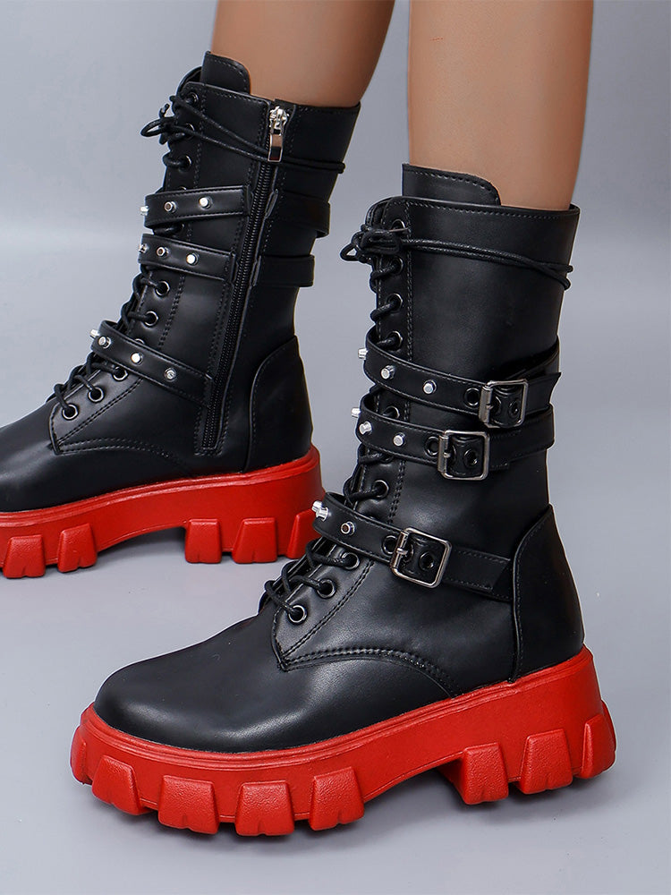 Eyelet Buckled Zipper Platform Boots - Elara Row