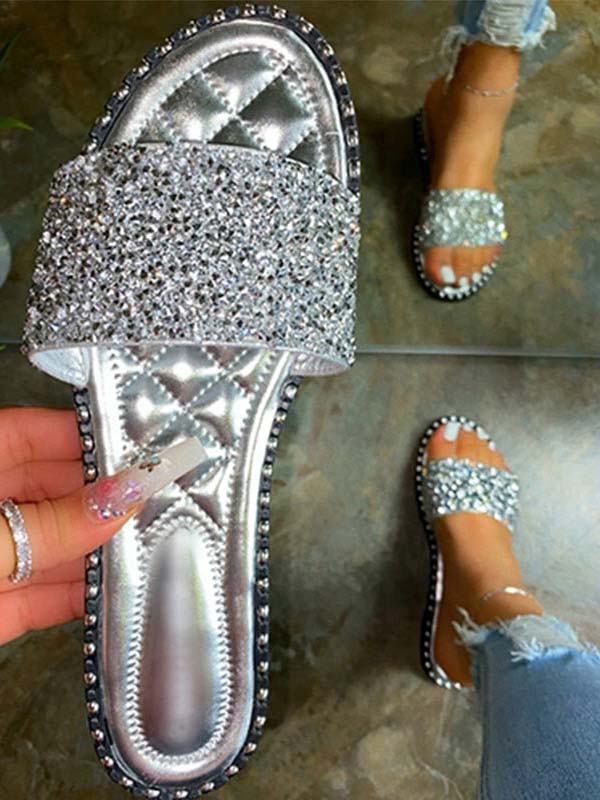 Bling Rhinestone Flat Slippers - Elara Row