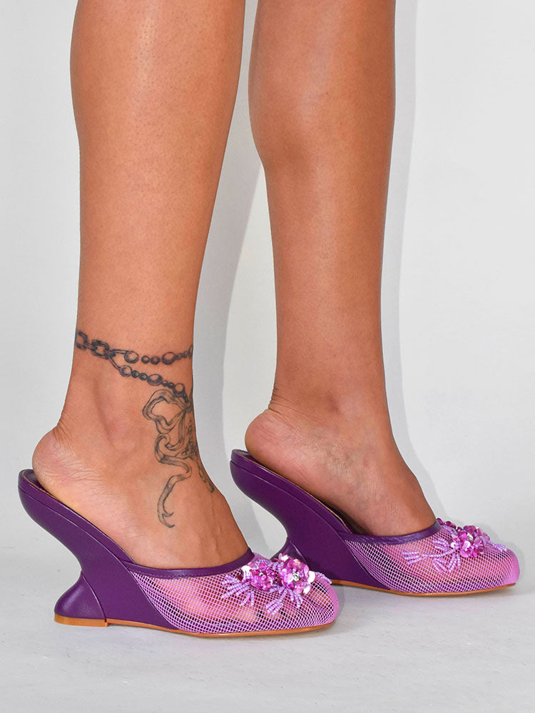Floral Embroidered Mesh Wedge