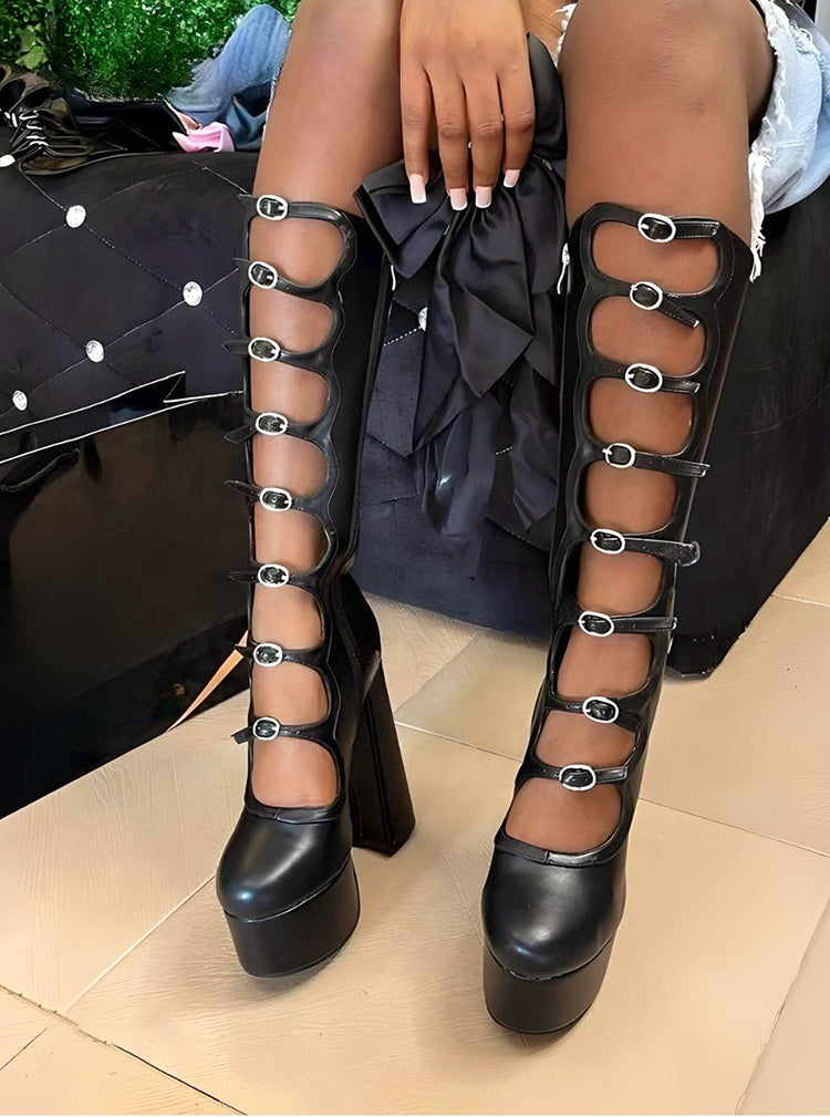 Leather Buckle-Strap Platform Boots - Elara Row