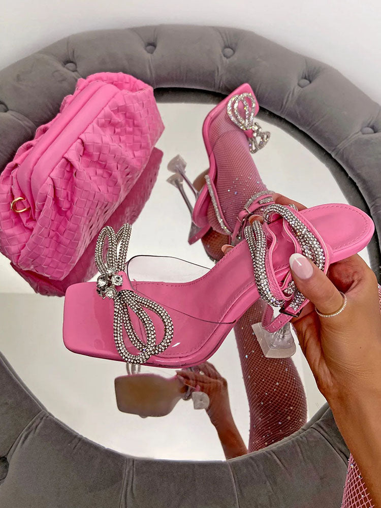 Sparkling Bow Square Toe High Heels - Elara Row