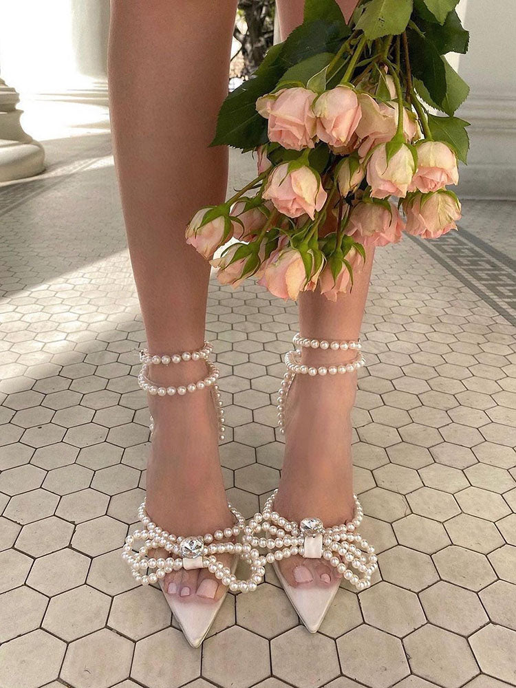 Pearl Bow Pointed Toe Transparent Heels - Elara Row