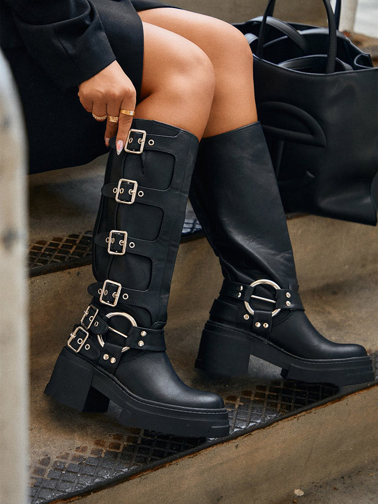 Buckle Leather Chunky Heel Boots - Elara Row