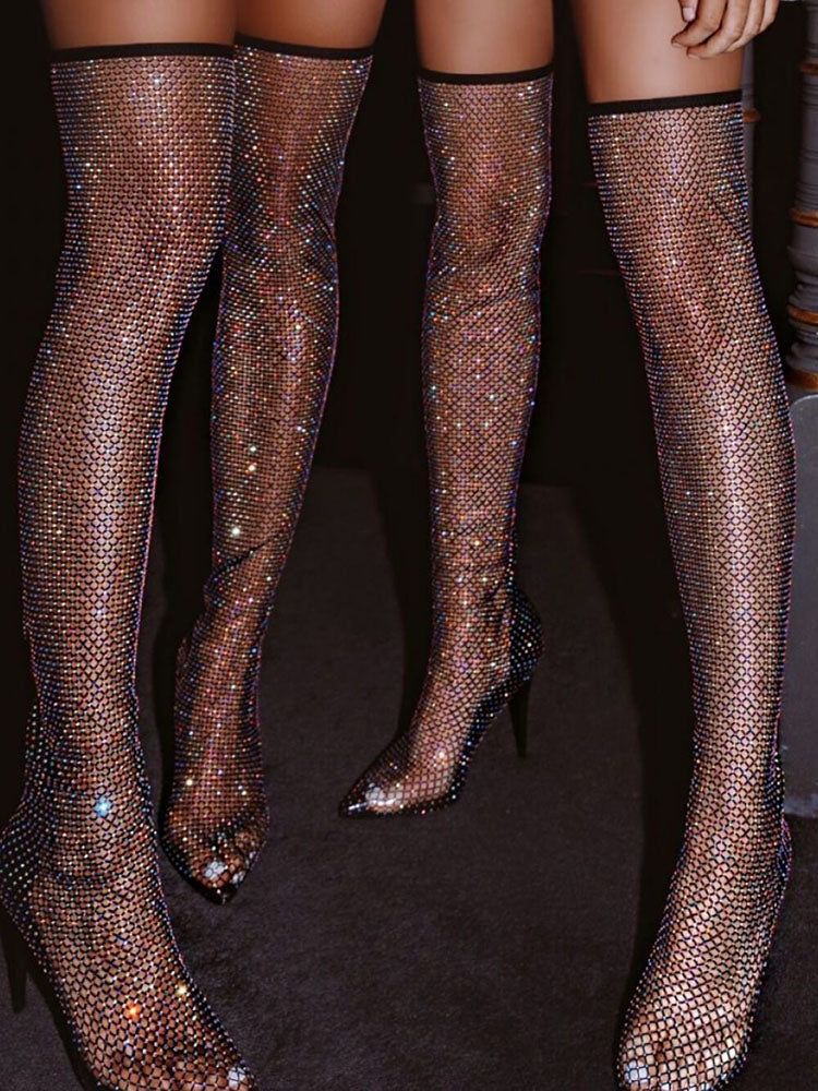 Rhinestone Fishnet Heels Boots - Elara Row