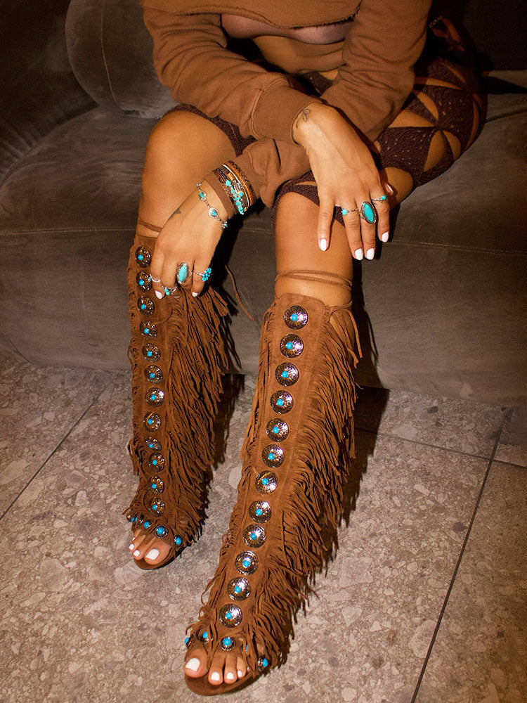 Bohemian Gemstone Fringe Sandals close look