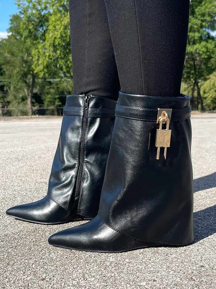 Lock & Key Leather Wedge Calf Booties