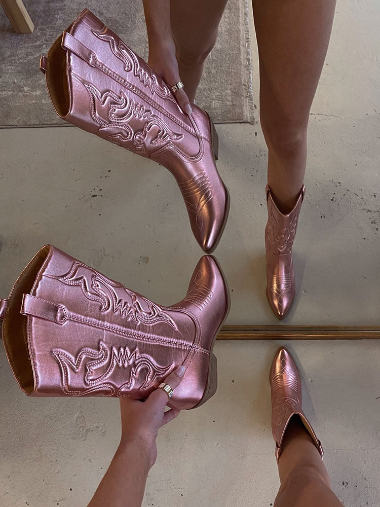 Metallic PU Leather Cowboy Boots - Elara Row