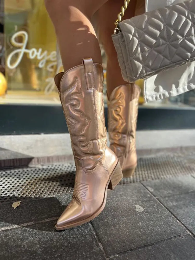 Metallic PU Leather Cowboy Boots - Elara Row