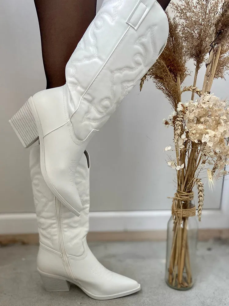 Metallic PU Leather Cowboy Boots - Elara Row
