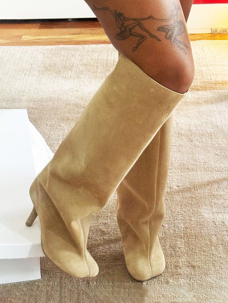 Suede Wide Calf Square Toe Boots - Elara Row