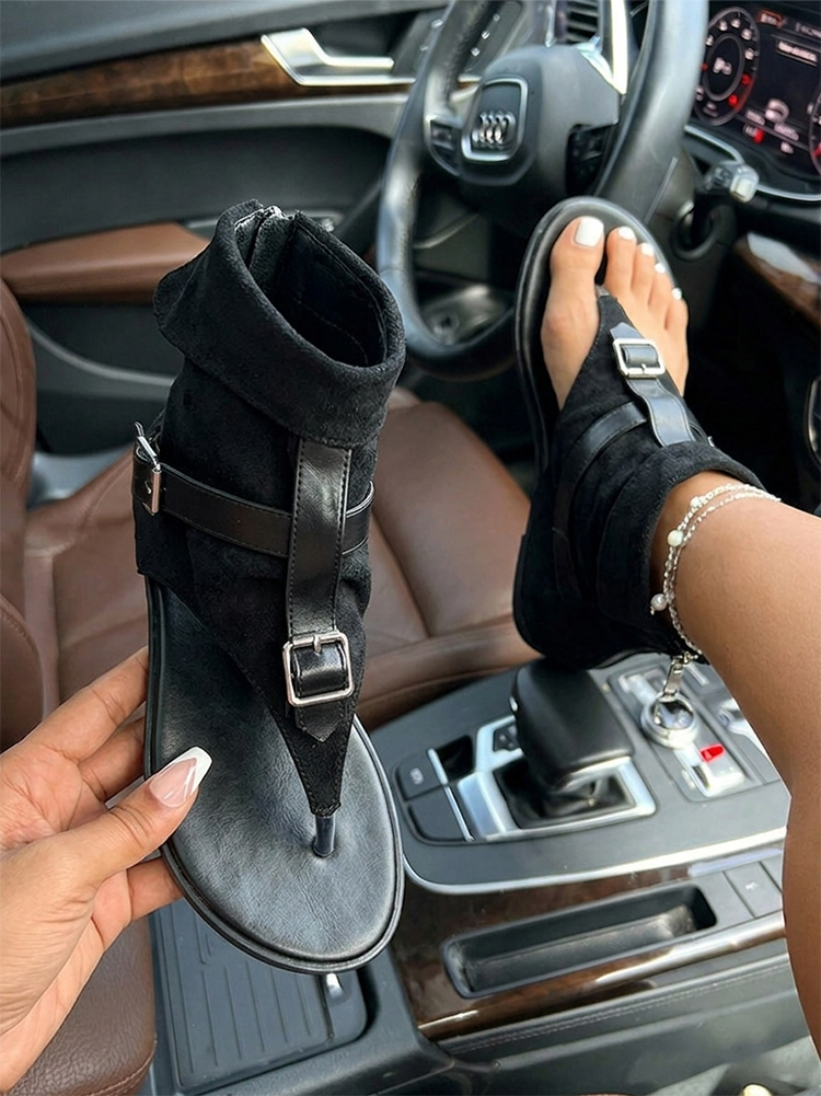 Suede Foldover Ankle Wrap Thong Sandals