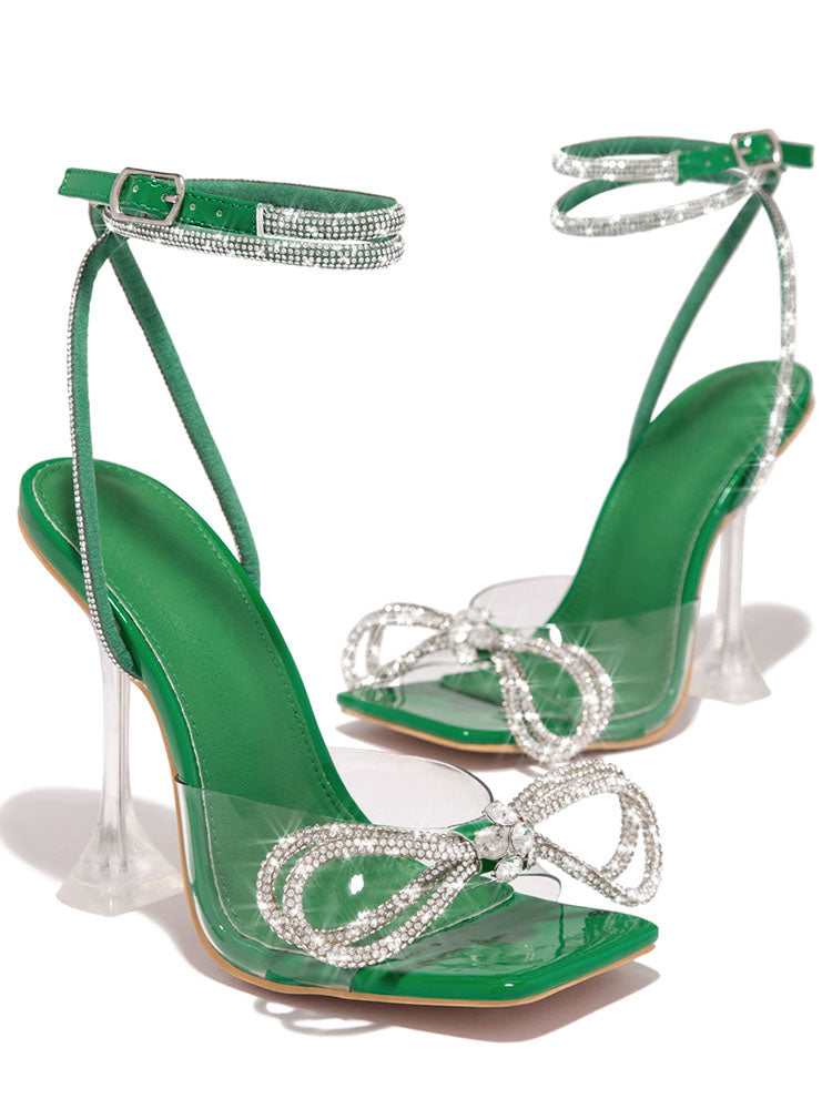 Sparkling Bow Square Toe High Heels - Elara Row