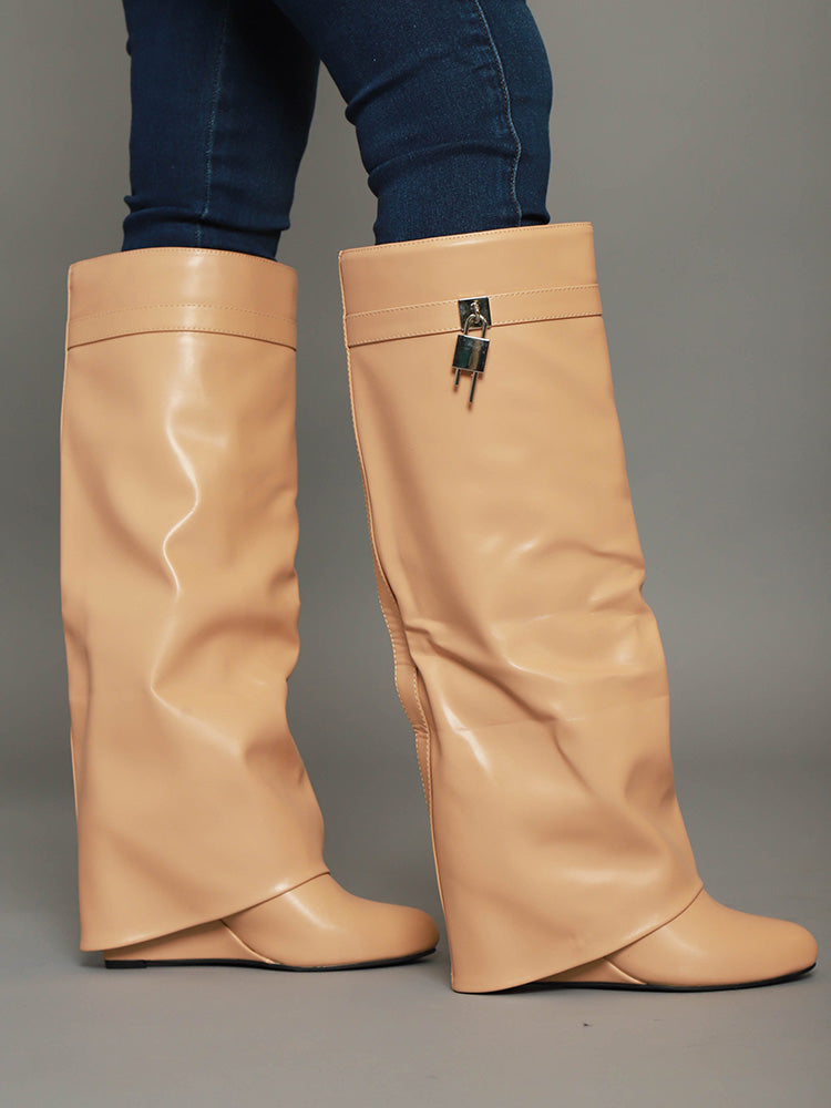 Lock & Key Leather Wedge Heel Boots - Elara Row