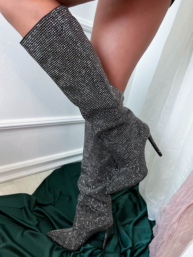 Crystal-Embellished Suede Boots - Elara Row